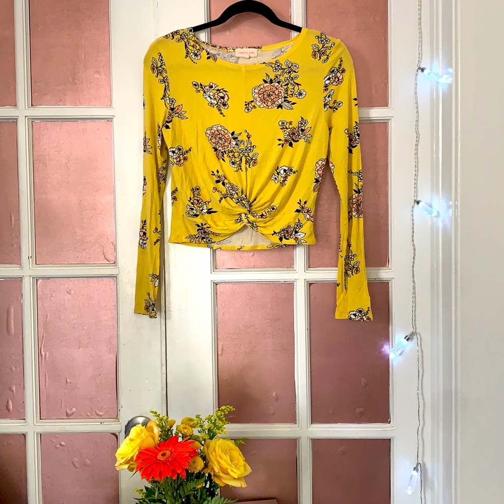 Yellow Floral Long Sleeve Crop Top